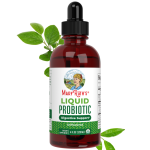 butelka z płynem probiotycznym obok kapsułek i modelu jelit na stole